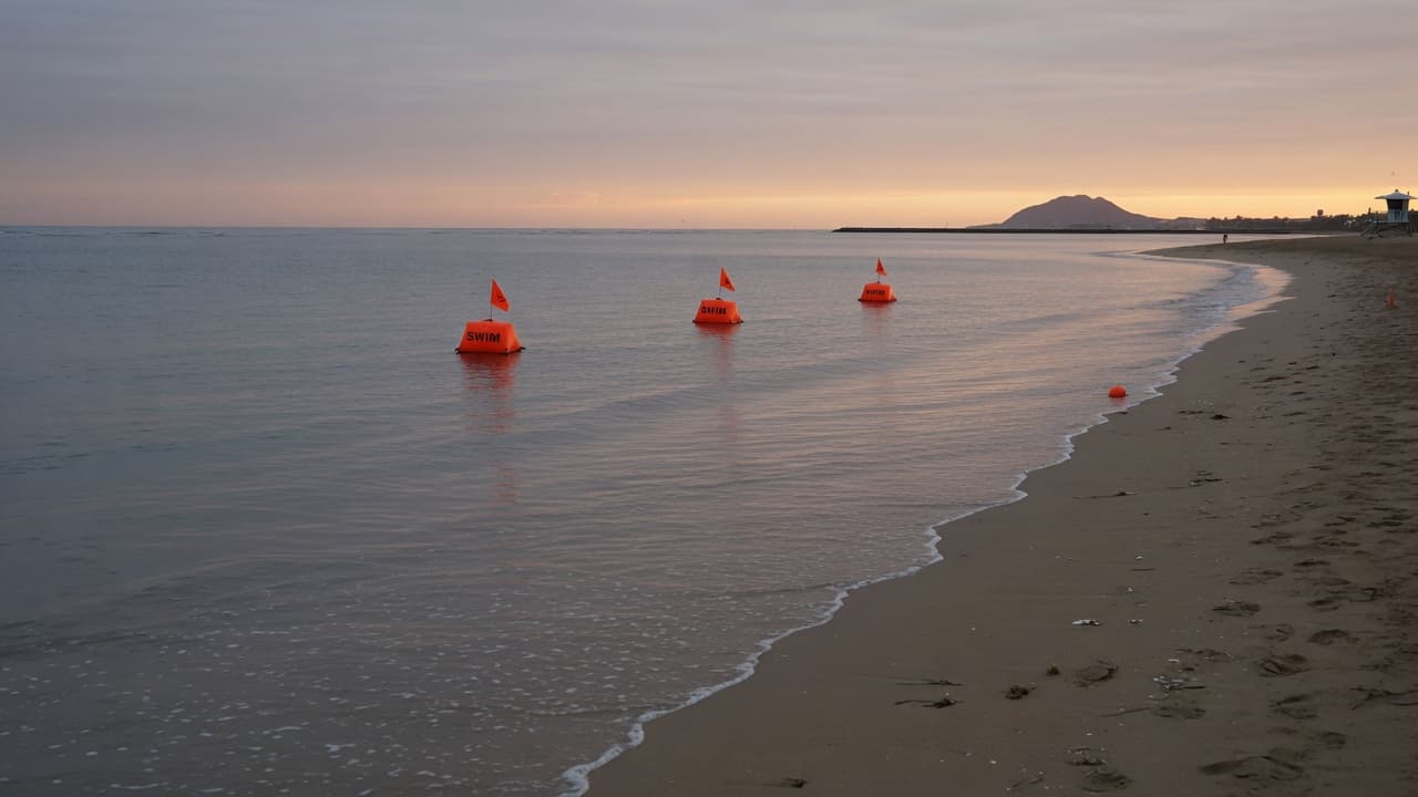 Orange swim buoys in flat water at dawn, Honolulu